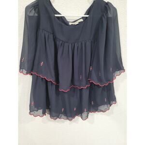 Loft Embroidered Navy Blue Shirt Blouse with Ruffles Women's size Small‎ #10